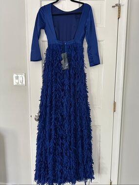 Elegant Royal Blue Maxi Dress with Fringe Skirt and 3/4 Sleeves